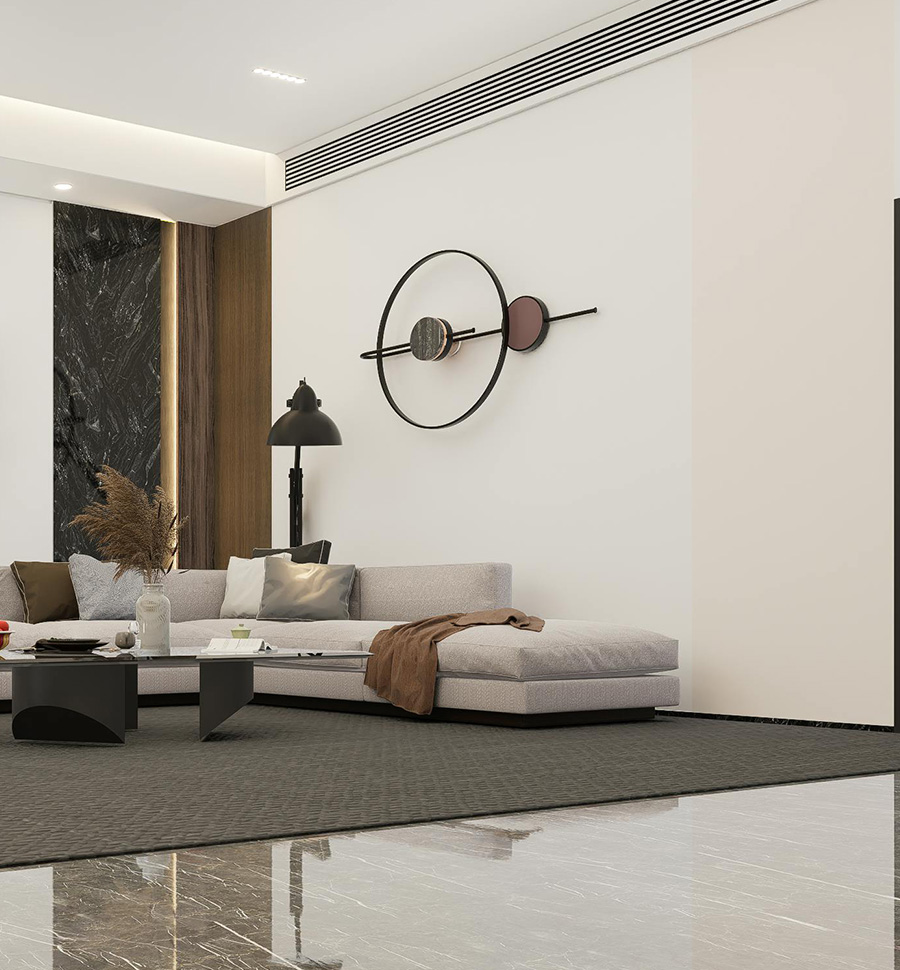Luxury mixed-use condominium interior with warm modern finishes